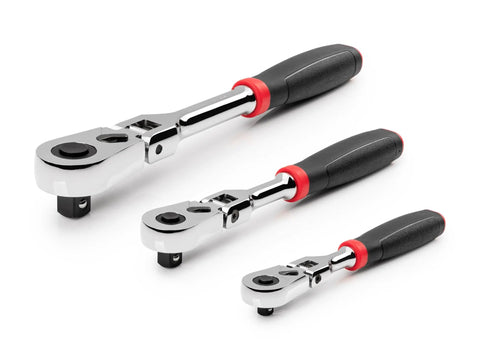 Flexible Head Quick Release Ratchet Set With Comfort Grip Handles In One Quarter Inch Three Eighth Inch And One Half Inch Drives Ninety Tooth Gear For Smooth Four Degree Swing Arc Ultra Compact Head Three Piece Handy Go To Ratchet Kit displayed on a white background