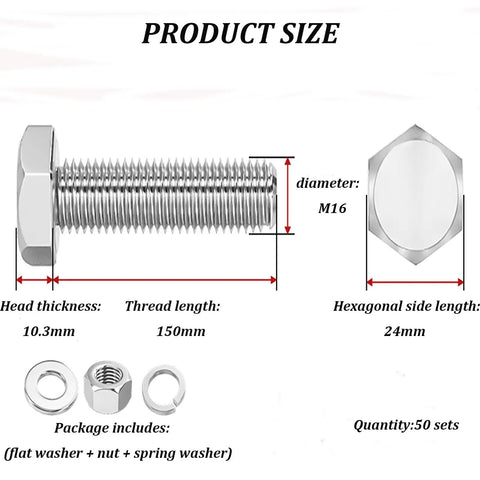 Rock Solid 50 Piece 304 Stainless Steel Hex Bolt And Nut Kit M16 Metric Thread 150mm length detailed dimensions.