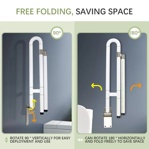 Heavy Duty 29.5 Inch Foldable Toilet Grab Bar With Flip Up Safety Rail And Foolproof Non Slip Handle for easy 90 and 180 degree folding.