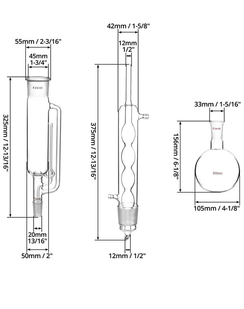 Soxhlet Extraction Set 500ml 45 To 40 And 24 To 40 Lab Glassware Must Have For Botanical Extraction, Reflux And Chemistry Experiments, Borosilicate Glass With Allihn Condenser And Solid Liquid Extraction System with dimension details of glass components.