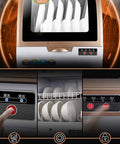 Compact Countertop Dishwasher With Smart Touch Interface And Fast Air Dry Mode. User interface showcasing wash cycles and dishes.