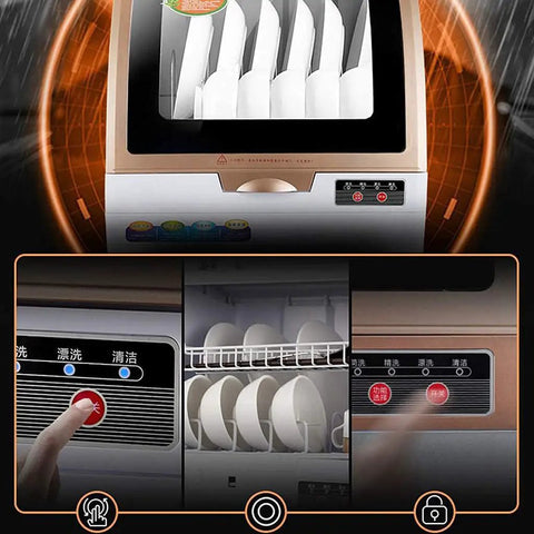 Compact Countertop Dishwasher With Smart Touch Interface And Fast Air Dry Mode. User interface showcasing wash cycles and dishes.