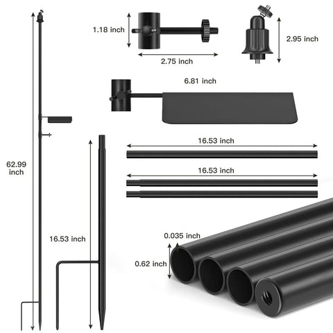 Heavy Duty Ground Stake Mount Bracket For Outdoor Security Cameras And Solar Panels With 16.5 Inch Adjustable Yard Pole, showing dimensions and components.