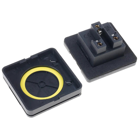 Rugged 10A Weatherproof Outdoor Power Outlet With Secure Cover For Caravans And RV Campers Black housing electrical socket with yellow cover.
