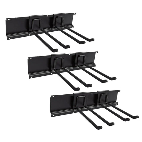 Three rails of the 48 Inch Garage Tool Organizer Wall Mount Heavy Duty Storage Rack With 3 Rails And 6 Adjustable Hooks 300 Lb Load Capacity