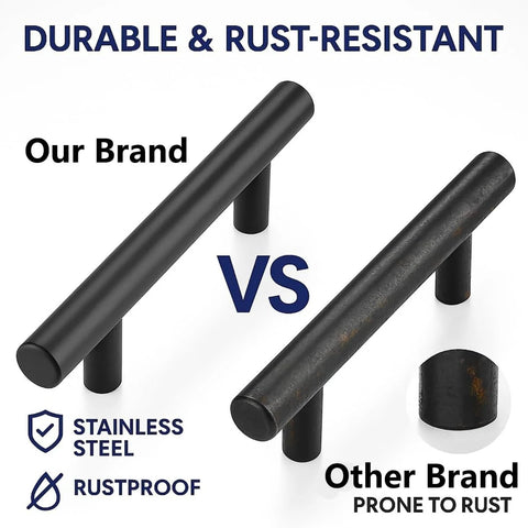 Comparison of 15 Pack Black Cabinet Handles 5 Inch Stainless Steel Drawer Pulls With Precise Hole Spacing And Included Screws, showing rust resistance.