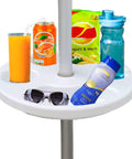 13 Inch Beach Umbrella Table Tray With Cup Holders And Snack Compartments For Beach Patio Or Poolside Use White Finish Fits Poles From 0.98 To 1.5 Inches Adjustable Easy Setup And Mess Free Snacks with beverages and snacks placed on tray