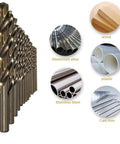 Pro Grade M35 Cobalt Drill Bit And Tap Die Set 115 Pieces next to materials like aluminium alloy, plastic, wood, stainless steel, cast iron.