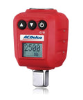 Heavy Duty Half Inch Drive Digital Torque Adapter With Real Time Torque Readout Buzzer And LED Flash 25 To 250 Foot Pounds ISO 6789 Certified With Calibration Certificate, featuring red shell with LCD display