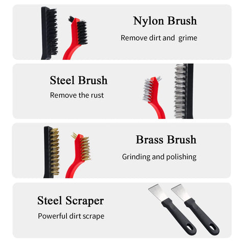 Eight-Piece Wire Brush Set With Heavy-Duty Scrapers And Brass, Nylon, And Stainless Steel Bristles For Rust, Paint, Slag, And Dust Cleanup