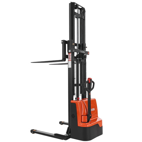 VEVOR Full Electric Pallet Stacker With 3300 Lb Load Capacity And 130 In Max Lifting Height, orange and black design, adjustable forks.