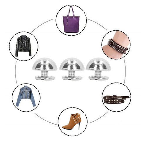 One Hundred Sets Mushroom Rivet Studs Featuring Ten Millimeter Round Heads In Glossy Silver Alloy shown with leather apparel and bags.