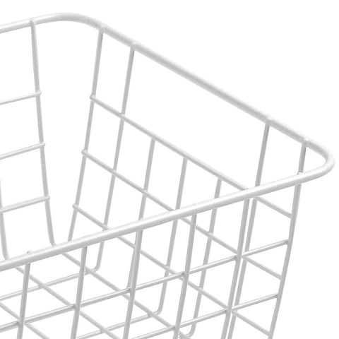 Close-up of Set Of 4 White Wire Storage Baskets For Freezer, Pantry, And Bathroom Organization, showing coated steel finish.