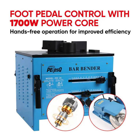 Peresq Rb-25 Portable Electric Hydraulic Rebar Bender 1700W Machine with foot pedal control and power core for efficiency.
