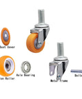 Butter Smooth Rolling Soft Nylon Caster Wheels For Office Gaming And Trolley Chairs With Rock Solid Heavy Duty Threaded Stem Replacement Set Of Five In Burnt Orange Finish components, showcasing nylon rollers and metal frame.