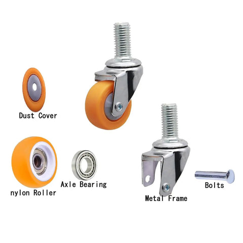Butter Smooth Rolling Soft Nylon Caster Wheels For Office Gaming And Trolley Chairs With Rock Solid Heavy Duty Threaded Stem Replacement Set Of Five In Burnt Orange Finish components, showcasing nylon rollers and metal frame.