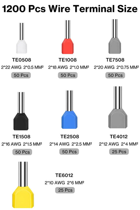 Image of 1200 Pcs Wire Terminal Size chart for Ultimate Wire End Ferrule Kit 1200pcs For Stripped Wires Insulated Ferrule Crimp Pins.