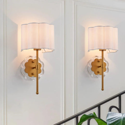 Set Of 2 Modern Wall Sconces With Creamy White Fabric Flower Shades And Antique Brass Brush Finish For Vanity, Stairway, Fireplace, Kitchen, Living Room, And Bedside Lighting, Dope Dimmable UL Listed mounted on wall