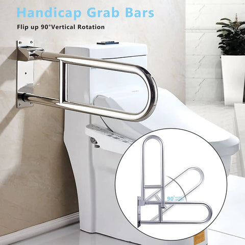 Sturdy 23.6 Inch Stainless Steel Toilet Grab Bar With Flip Up Design For Bathroom Safety shown mounted beside a toilet.