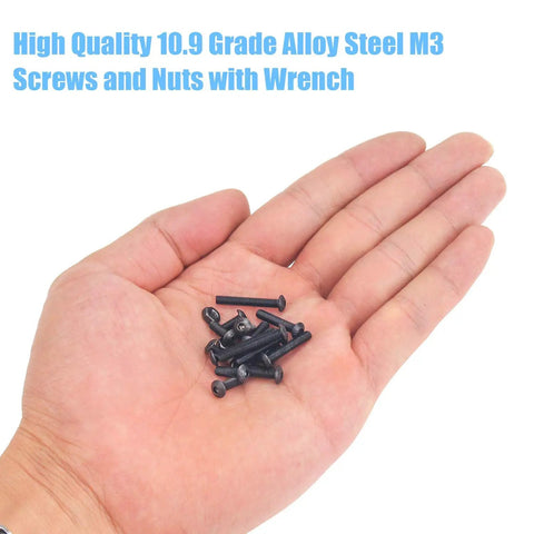 Hand holding M3 hex button head bolts, part of 360 Piece M3 Hex Button Head Bolts Set, Pro Grade 10.9 Alloy Steel Screws Nuts Kit