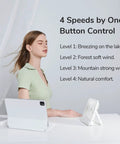 Woman using Rechargeable Desk Fan With 4500mAh Battery And 180 Degree Foldable Design Portable Personal Fan With Four Speeds on desk