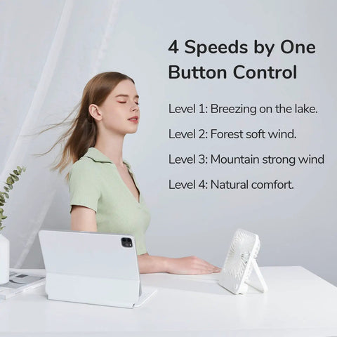 Woman using Rechargeable Desk Fan With 4500mAh Battery And 180 Degree Foldable Design Portable Personal Fan With Four Speeds on desk