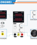 Adjustable DC Power Supply 30V 10A With 4 Digit LED Display front view, showing controls and connections for electronics testing.