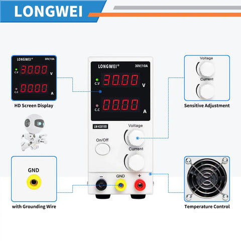 Adjustable DC Power Supply 30V 10A With 4 Digit LED Display front view, showing controls and connections for electronics testing.