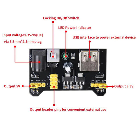 Close-up of power supply module from All In One Tinker Ready Starter Electronics Kit With Power Supply Module Breadboard 300 Plus Components Jumpers LEDs Resistors And More For Fun DIY Projects Safely Packed In A Sturdy Box