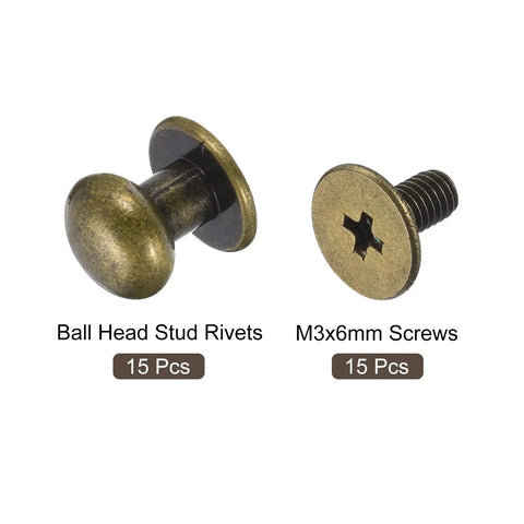 8mm Ball Head Stud Rivet Set With Screw Back 15 Pack For DIY Leather Craft Handbag And Belt Bronze Tone Zinc Alloy Button Nipple Rivets For Strong Secure Fastening, showing rivets and screws.