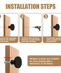 Installation steps for Top Shelf 4 Pack Matte Black Cabinet Knobs showing measuring, drilling, and screws on wood.