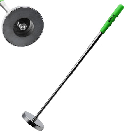 Telescopic Magnetic Floor Sweeper Pickup Tool With 35 Lb Capacity for screws, nails, metal shavings, extends 8 to 34 inches, close-up view.