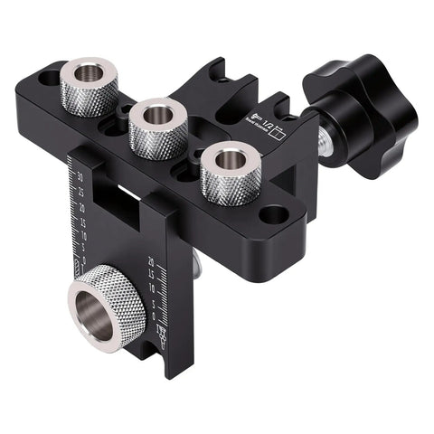 Rock Solid Self Centering Doweling Jig Kit Three In One Woodworking Tool with precision bushings and aluminum clamp for easy furniture assembly.
