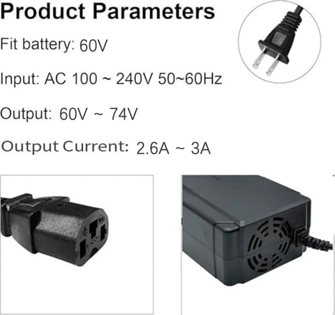 High Capacity 72V 3A Battery Charger With 3 Pin Plug For 60V AGM Gel SLA Lead Acid Batteries Used In Electric Scooters Go Karts And Big Toys 100 240V AC Input 72V 3A Output Safe OVP OCP Short Circuit Protection