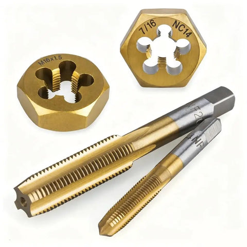 Essential Garage Workshop Threading Repair Kit boasting 86 Piece Tap And Die Set With Heavy Steel Build Includes Tap Handles Die Holders Plus Portable Metal Case For Serious SAE Metric Job Fixes. Tap and die set with two gold dies and two steel taps, metric and SAE