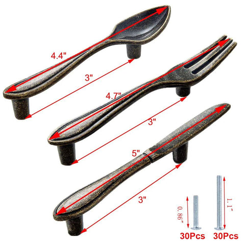 Bronze Kitchen Cabinet Pulls Spoon Knife And Fork Shapes 3 Inch Center To Center Mounting Holes Zinc Alloy Handles Set