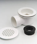 Low Profile Shower Base Drain With Perforated Strainer 1.5 Inch Side Outlet PVC Drain for Trap and Drain Assembly parts.