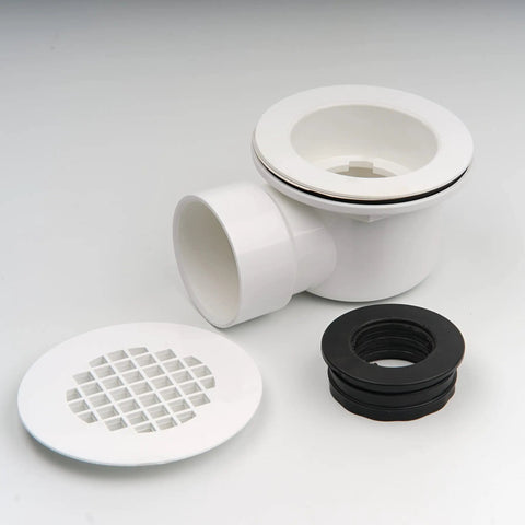 Low Profile Shower Base Drain With Perforated Strainer 1.5 Inch Side Outlet PVC Drain for Trap and Drain Assembly parts.