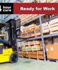 Warehouse with forklift and shelves, text overlay '4 hour cure, Ready for Work', indicating fast setup time.