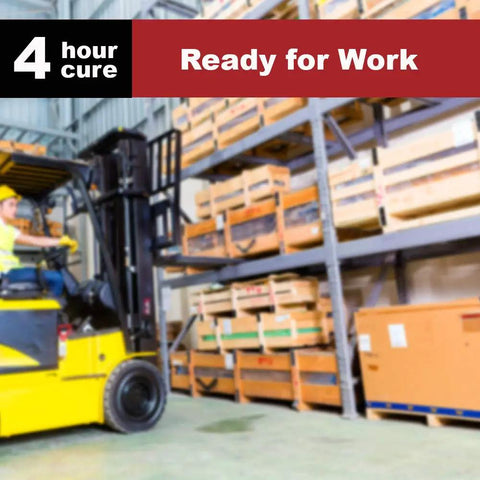 Warehouse with forklift and shelves, text overlay '4 hour cure, Ready for Work', indicating fast setup time.