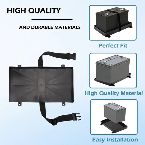 Rock Solid Group 27 Battery Tray With Quick Release Strap For Automotive Marine Rv And Boat Secure Mount Up To 7X12 Point 5 Inches Heavy Duty Anti Vibration Base Two Pack Ironclad Grip showing durable design and installation setup.