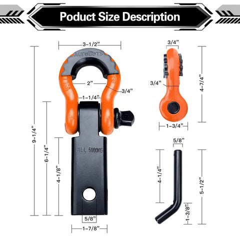 Product dimensions for Beefy Heavy Duty Two Inch Shackle Hitch Receiver With Forty Five Thousand Pound Break Strength For Vehicle Recovery Off Road Includes Five Eighth Inch Screw Pin And Three Quarter Inch D Ring Shackles In Bright Orange And Black.