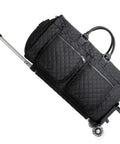 Black quilted rolling carry-on garment bag with wheels for travel.
