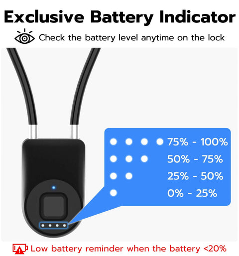 Fingerprint Cable Lock 14 Inch With Bluetooth Keyless Biometric Padlock showing battery indicator levels.