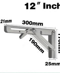 12-inch measurements of 2-Pack Stainless Steel Triangle Folding Brackets Heavy Duty Adjustable Wall Mounted Shelves, silver finish