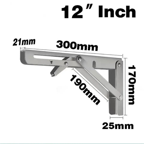 12-inch measurements of 2-Pack Stainless Steel Triangle Folding Brackets Heavy Duty Adjustable Wall Mounted Shelves, silver finish