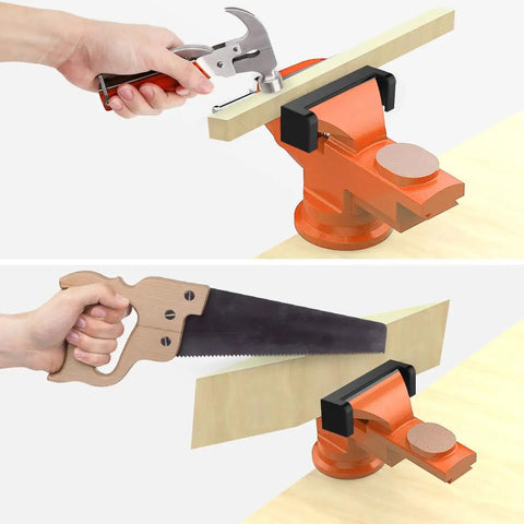 Beastly Table Vise With 3 Inch Jaw Opening And 360 Degree Swivel Base clamping wood securely during sawing and hammering