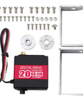 Beefy 20Kg Torque RC Servo Motor With 25T Horn, Dual Ball Bearings, Aluminum Case, Metal Bracket, Waterproof Metal Gear Steering Digital Servo For RC Cars And Robots, 180 Degree Control - components layout with screws, horns, brackets.