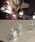 Close-up of Butt Weld Clamps 10 Piece Set For Metal Working Weld Clamp Jig Holders securing metal sheets during welding.
