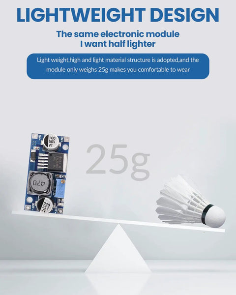 Five Pack LM2596 DC Buck Converter Module 3.0-40V In, 1.5-35V Out on balance scale with shuttlecock, highlighting lightweight design